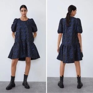 Zara Navy Camo Brocade Elegant Black and Blue Puff Sleeve Dress